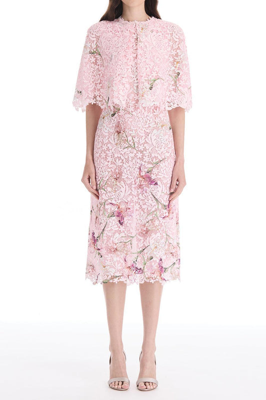 Cape Sleeve Painted Iris Lace Day Dress-PINK-6-CLOTHINGDRESSCASUAL-OSCAR DE LA RENTA