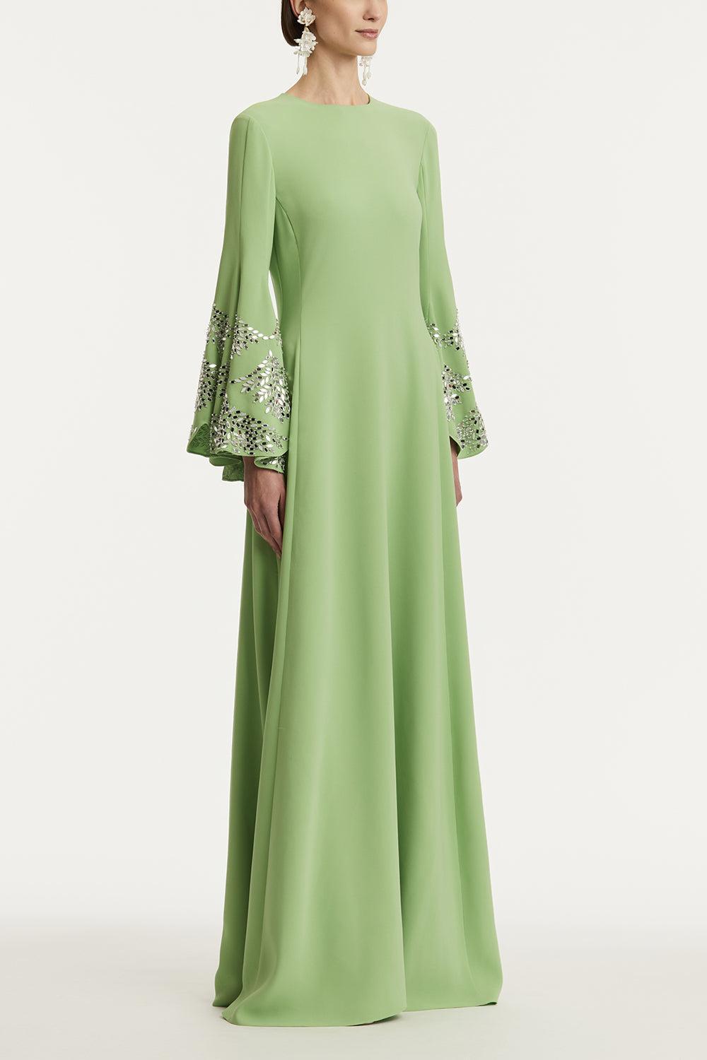 Long Sleeve Crystal Embroidered Caftan-PISTACHIO SILVER-M-CLOTHINGDRESSCASUAL-OSCAR DE LA RENTA