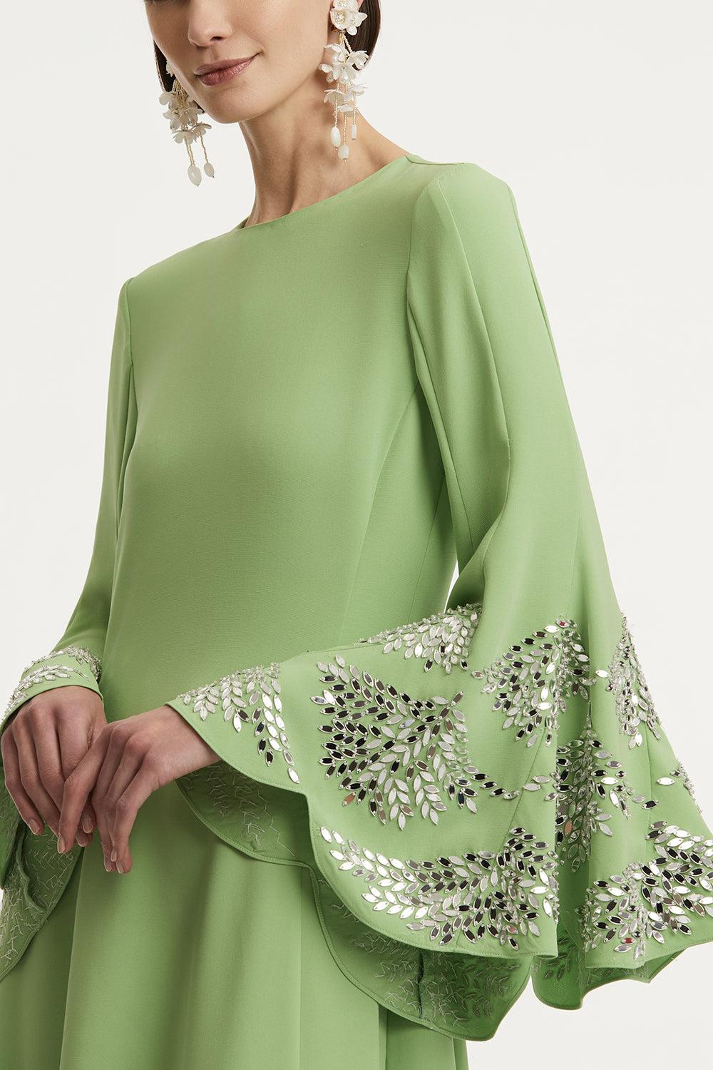 Long Sleeve Crystal Embroidered Caftan-PISTACHIO SILVER-M-CLOTHINGDRESSCASUAL-OSCAR DE LA RENTA