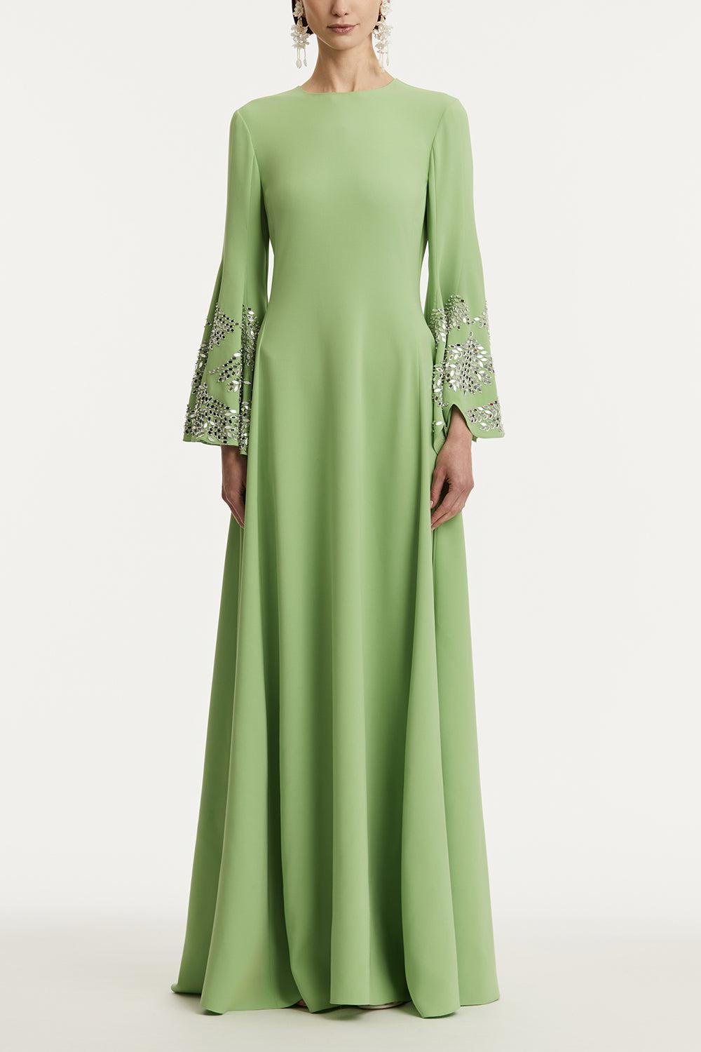 Long Sleeve Crystal Embroidered Caftan-PISTACHIO SILVER-M-CLOTHINGDRESSCASUAL-OSCAR DE LA RENTA