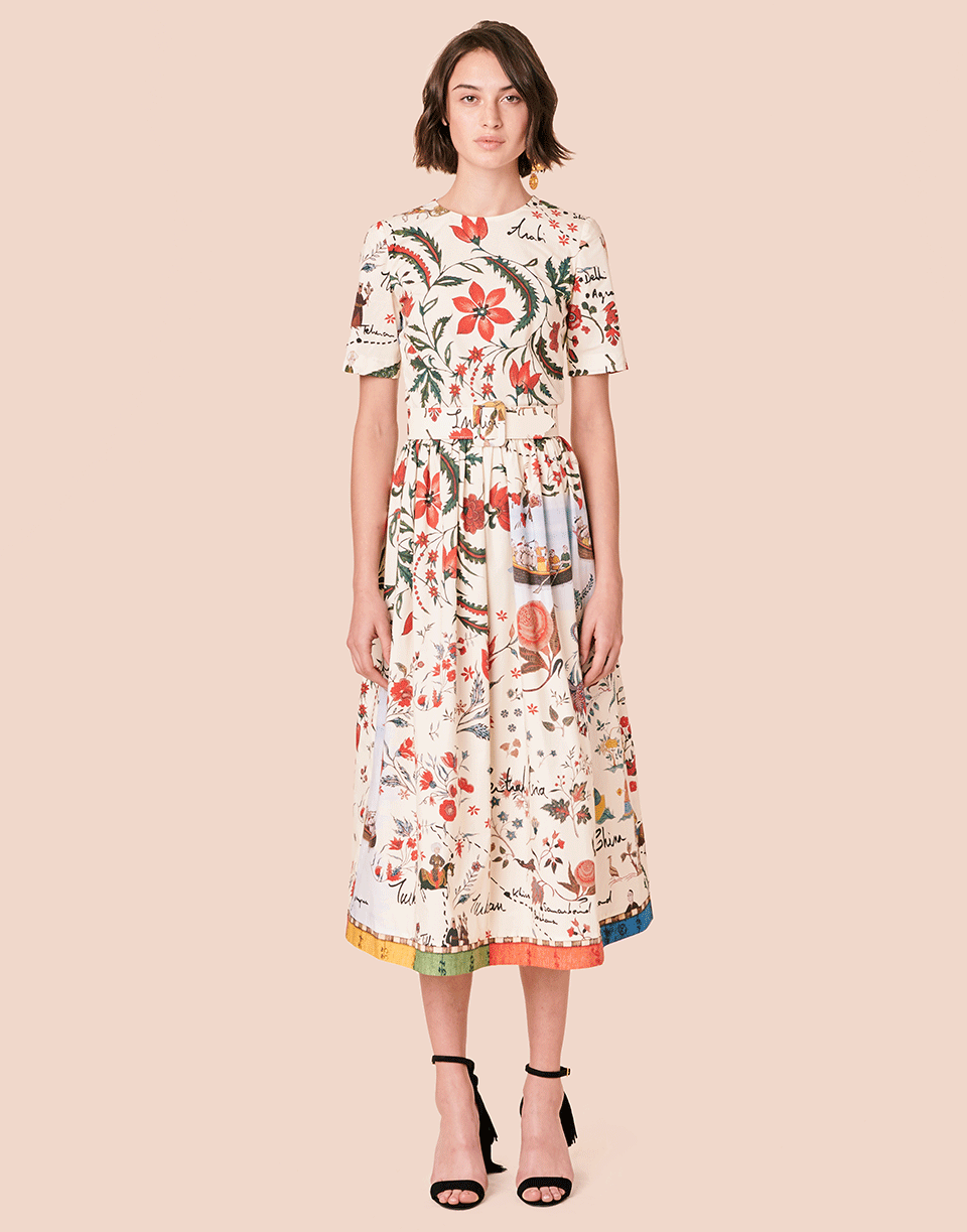 OSCAR DE LA RENTA-Full Bottom Belted Print Dress-