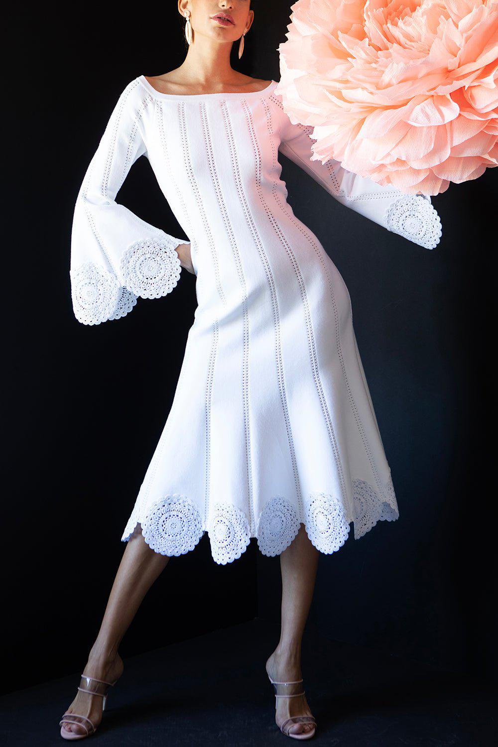 OSCAR DE LA RENTA-Off Shoulder Lace Knit Dress-WHITE