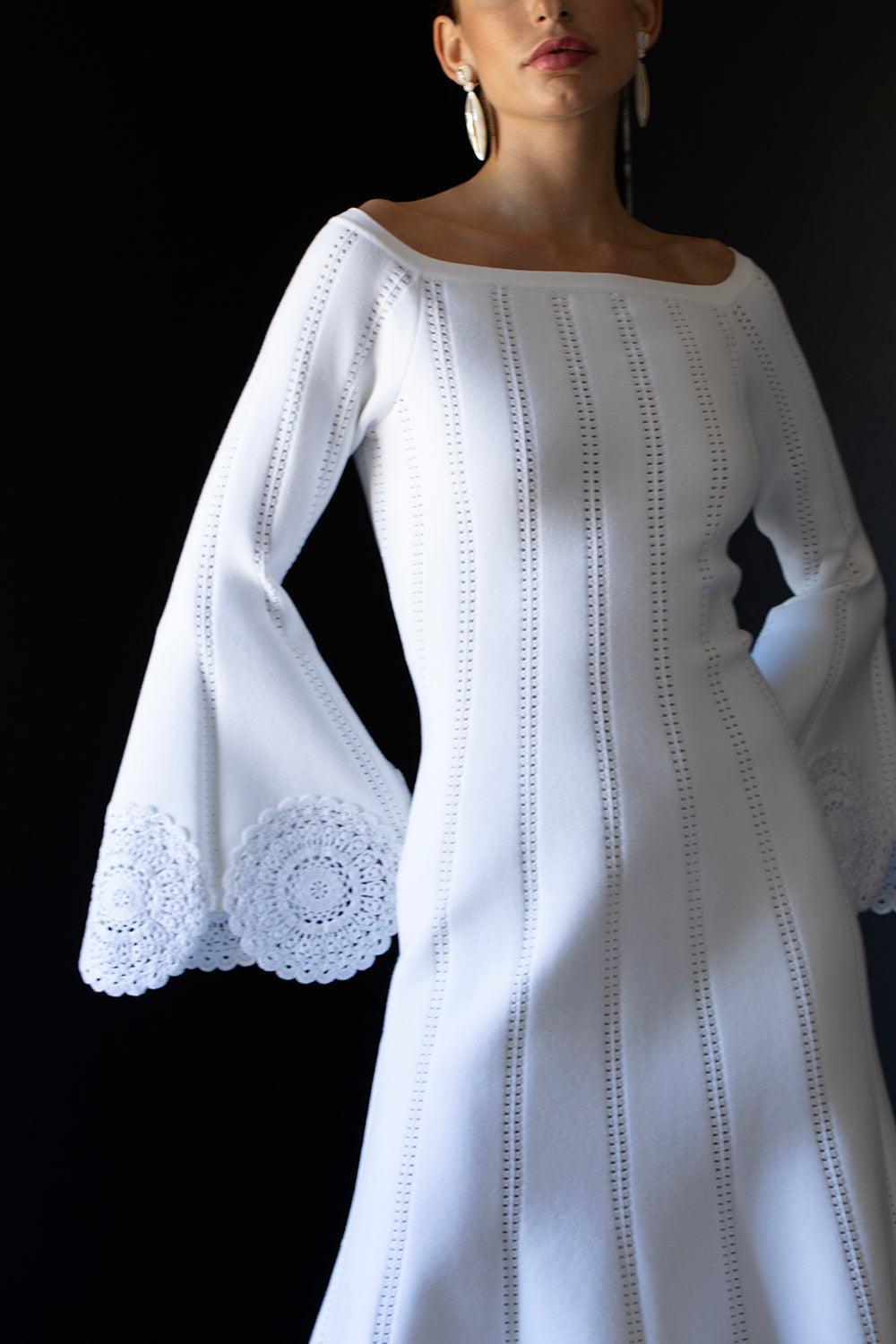 OSCAR DE LA RENTA-Off Shoulder Lace Knit Dress-WHITE