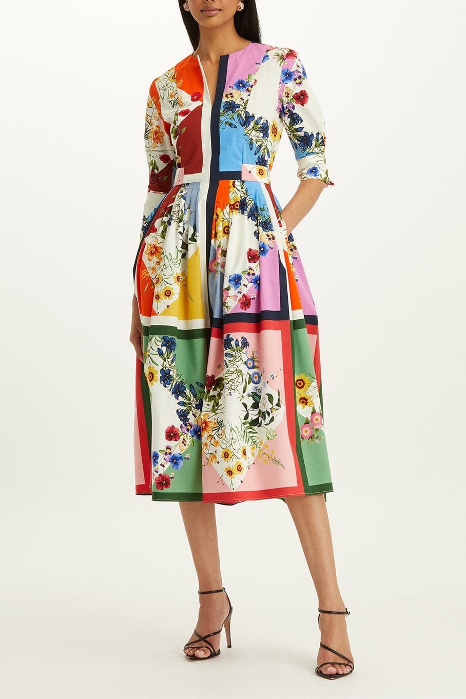 OSCAR DE LA RENTA-Three Quarter Sleeve Mini Geo Floral Dress-
