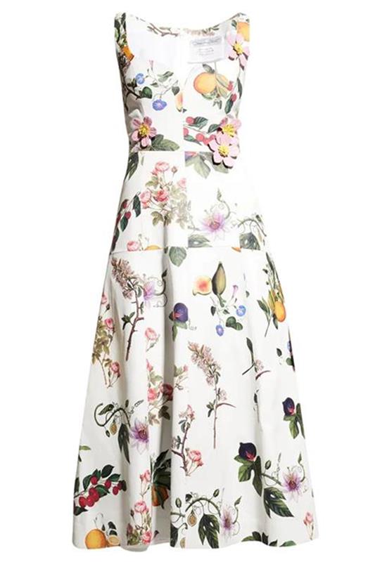 OSCAR DE LA RENTA-Botanical Printed Leather Dress-WHTMULTI