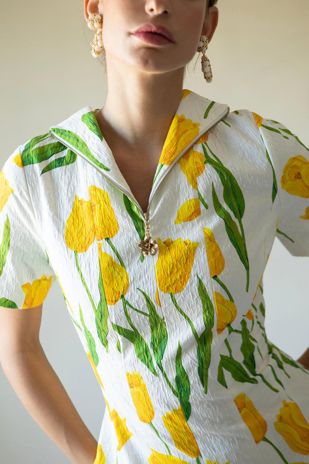 OSCAR DE LA RENTA-Tulip Cloqué Zip-Front Dress-