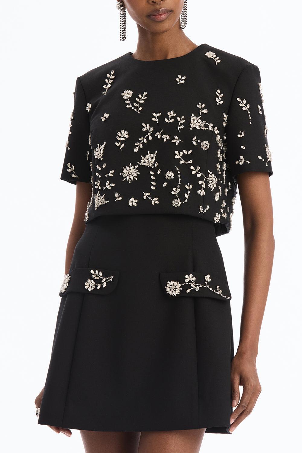 Short Sleeve Crystal Flowers Embroidered Cocktail Dress-BLACK-4-CLOTHINGDRESSCOCKTAIL-OSCAR DE LA RENTA