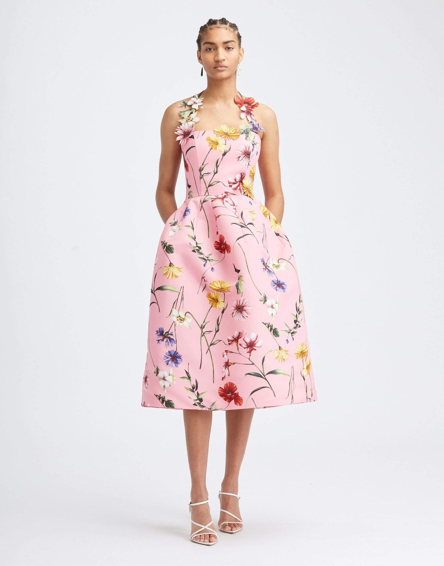 OSCAR DE LA RENTA-Sleeveless Halter Full Skirt Floral Cocktail Dress-