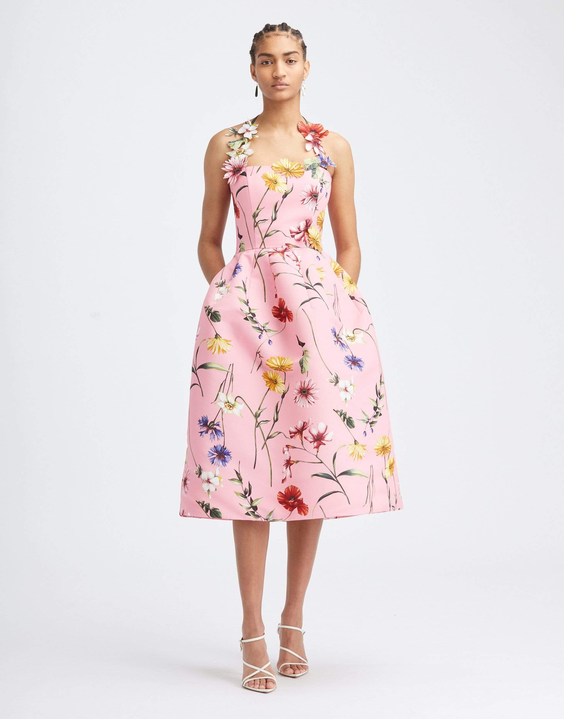 OSCAR DE LA RENTA-Sleeveless Halter Full Skirt Floral Cocktail Dress-