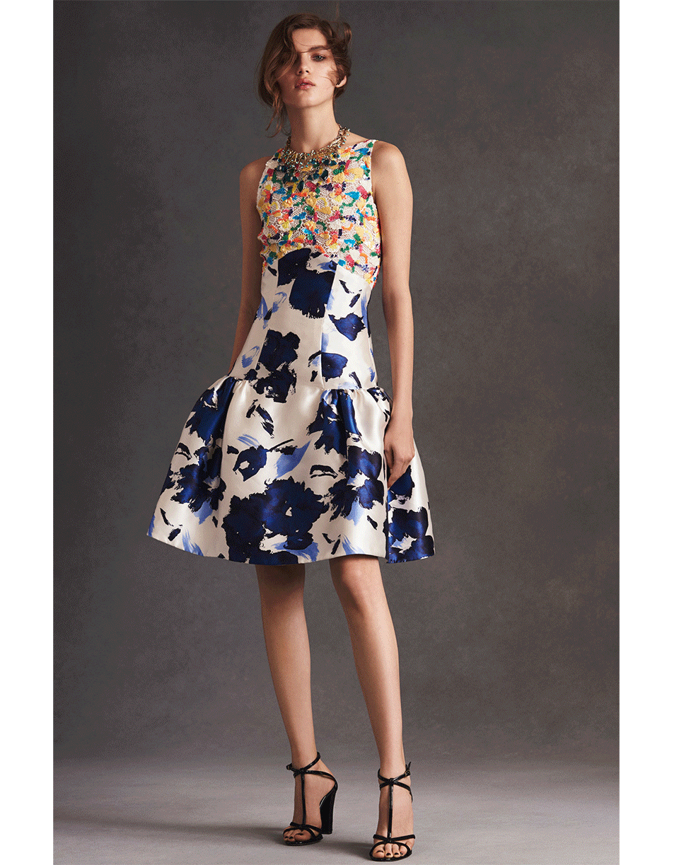 OSCAR DE LA RENTA-Drop Waist Mixed Media Dress-BLUE