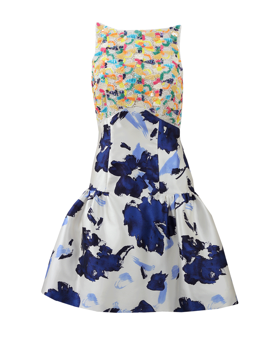 OSCAR DE LA RENTA-Drop Waist Mixed Media Dress-BLUE