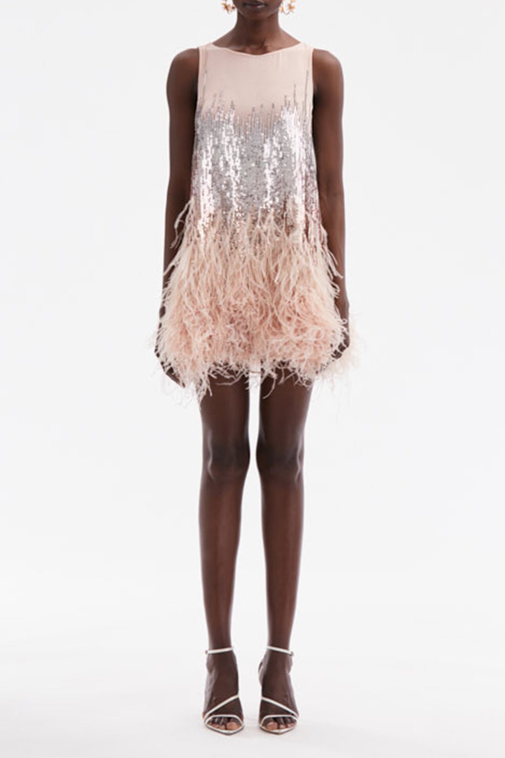 OSCAR DE LA RENTA-Sequin Feather Cocktail Dress-BLUSH