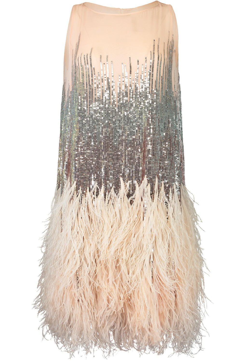 OSCAR DE LA RENTA-Sequin Feather Cocktail Dress-BLUSH