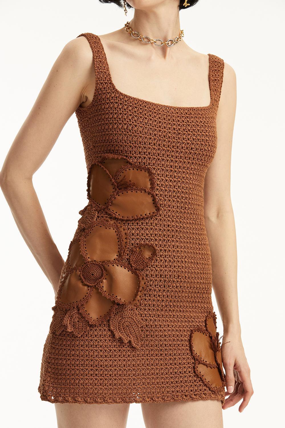 Deboss Crochet Dress-COGNAC-XS-CLOTHINGDRESSCOCKTAIL-OSCAR DE LA RENTA