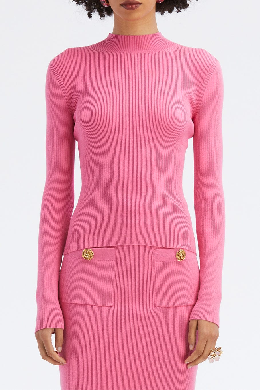 OSCAR DE LA RENTA-Long Sleeve Mock Neck Ribbed Pull Over Top-