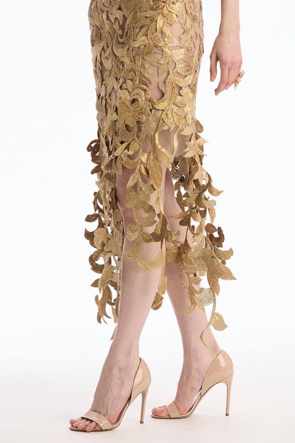 Sleeveless Corded Florals Cocktail Dress-GOLD-8-CLOTHINGDRESSCOCKTAIL-OSCAR DE LA RENTA