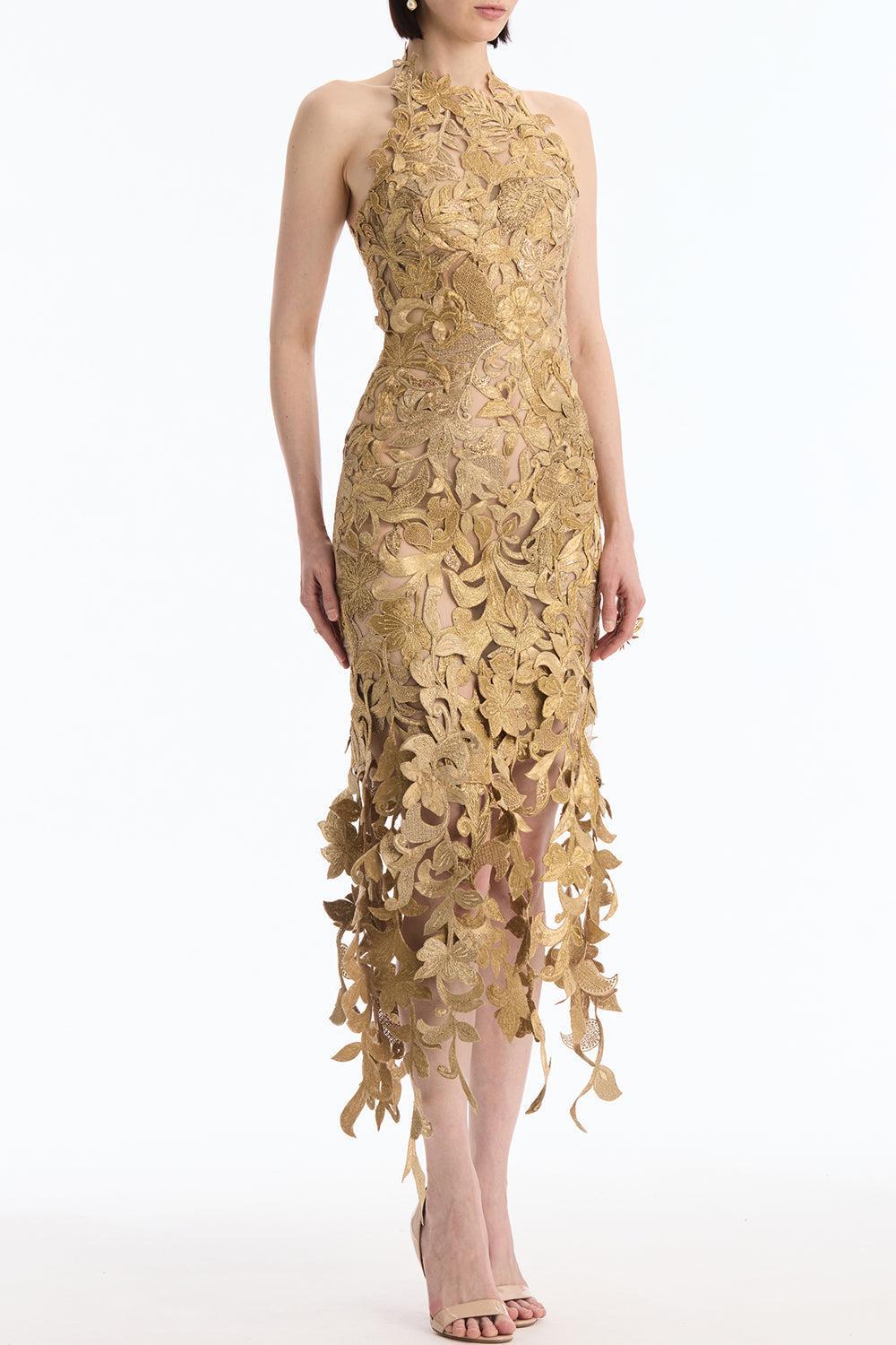 Sleeveless Corded Florals Cocktail Dress-GOLD-8-CLOTHINGDRESSCOCKTAIL-OSCAR DE LA RENTA