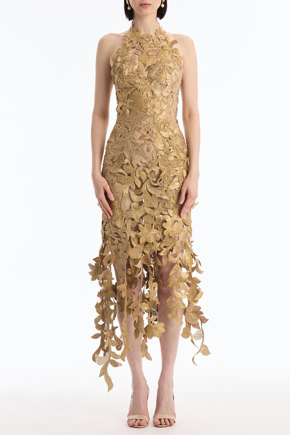Sleeveless Corded Florals Cocktail Dress-GOLD-8-CLOTHINGDRESSCOCKTAIL-OSCAR DE LA RENTA