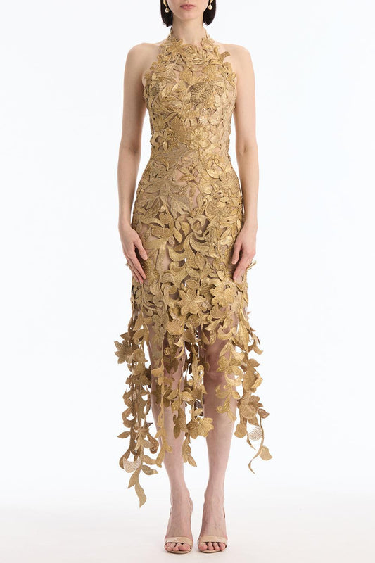 Sleeveless Corded Florals Cocktail Dress-GOLD-8-CLOTHINGDRESSCOCKTAIL-OSCAR DE LA RENTA