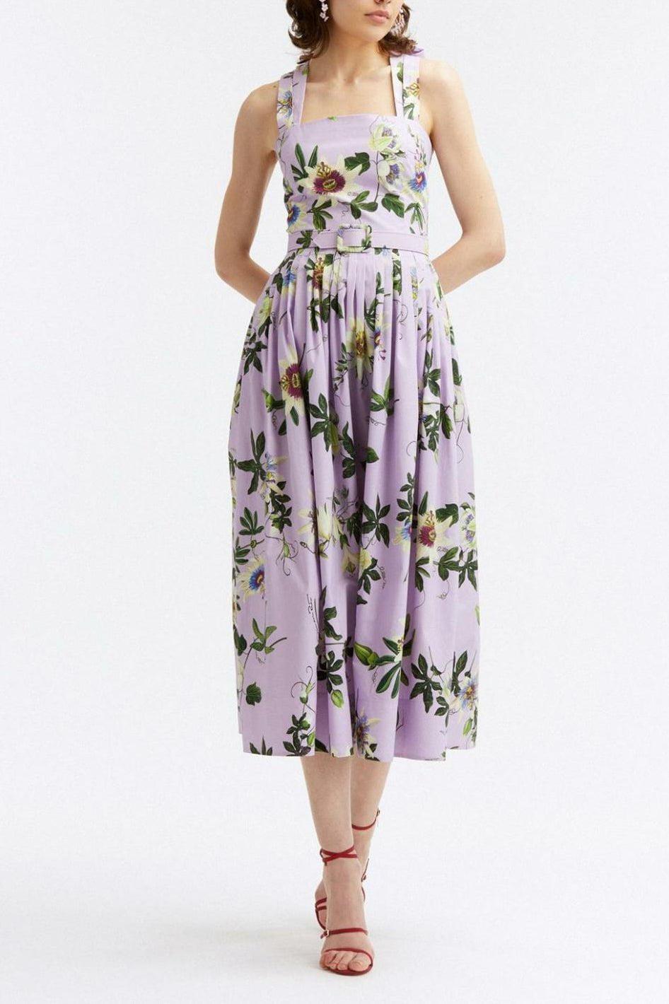 OSCAR DE LA RENTA-Pleated Floral Midi Dress-