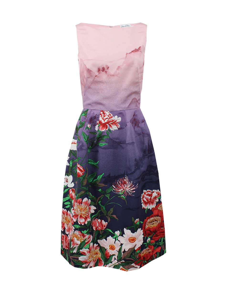 OSCAR DE LA RENTA-Jewel Neck Print Skirt Dress-