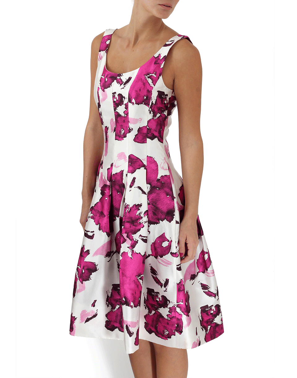 OSCAR DE LA RENTA-Rose Print Pleated Dress-