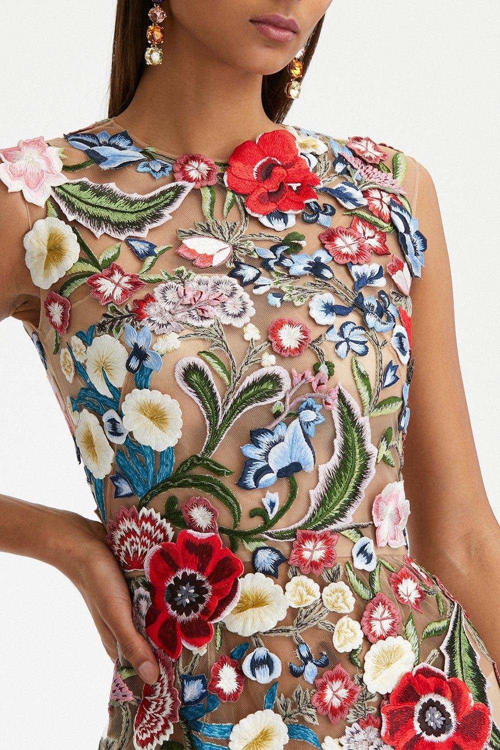 OSCAR DE LA RENTA-Sleeveless Floral Threadwork Cocktail Dress-MULTI