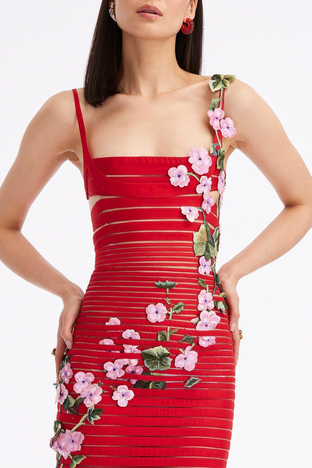 OSCAR DE LA RENTA-Sleeveless Embroidered Dress-RED