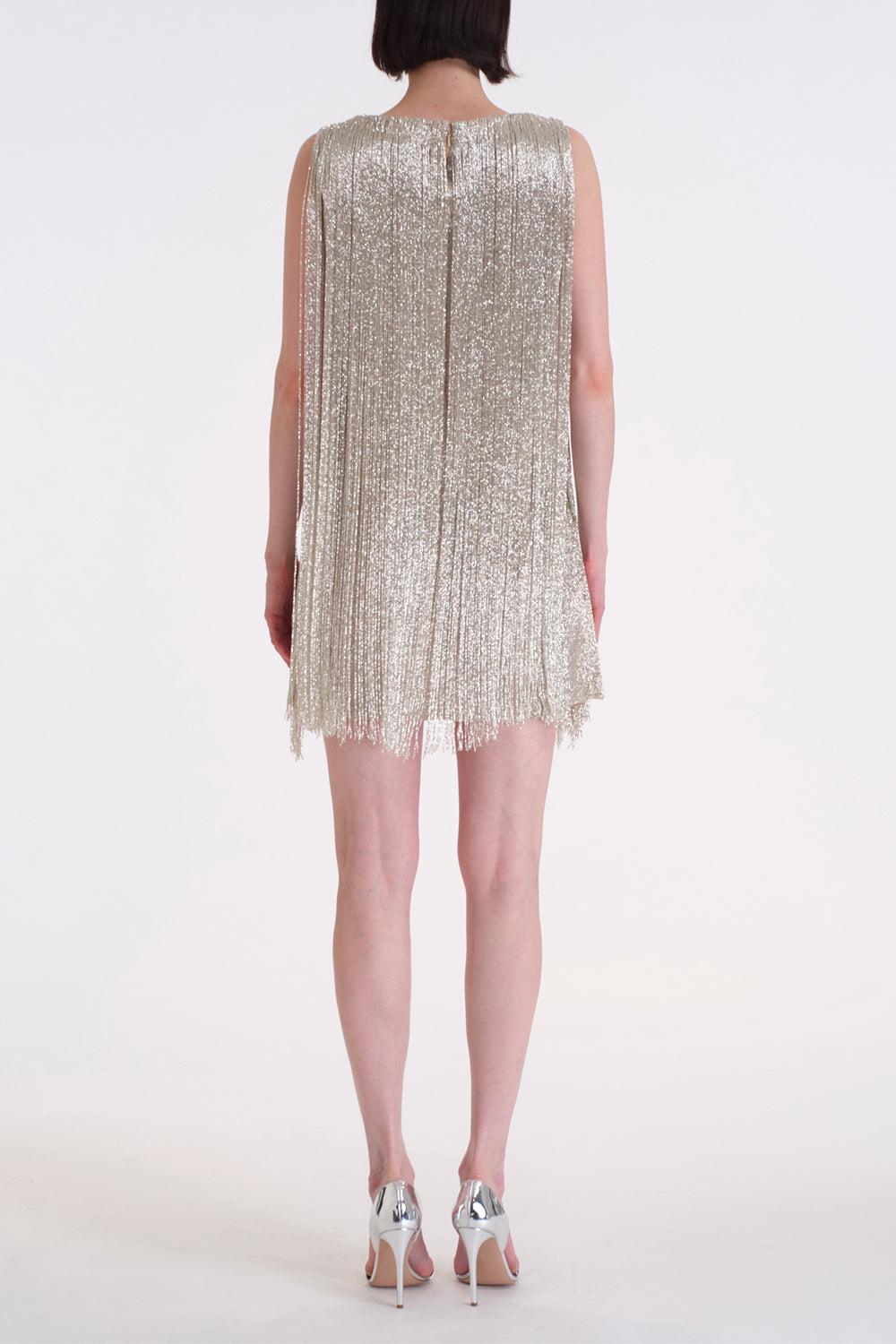 Sleeveless Multi Color Fringe Cocktail Dress-SILVER-4-CLOTHINGDRESSCOCKTAIL-OSCAR DE LA RENTA