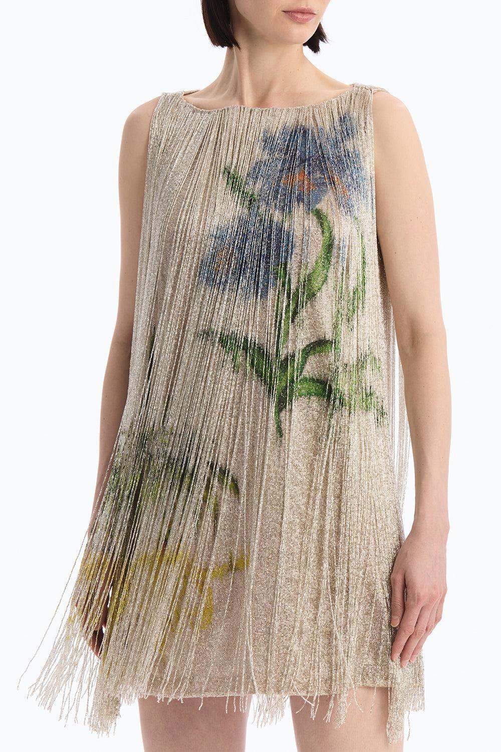 Sleeveless Multi Color Fringe Cocktail Dress-SILVER-4-CLOTHINGDRESSCOCKTAIL-OSCAR DE LA RENTA