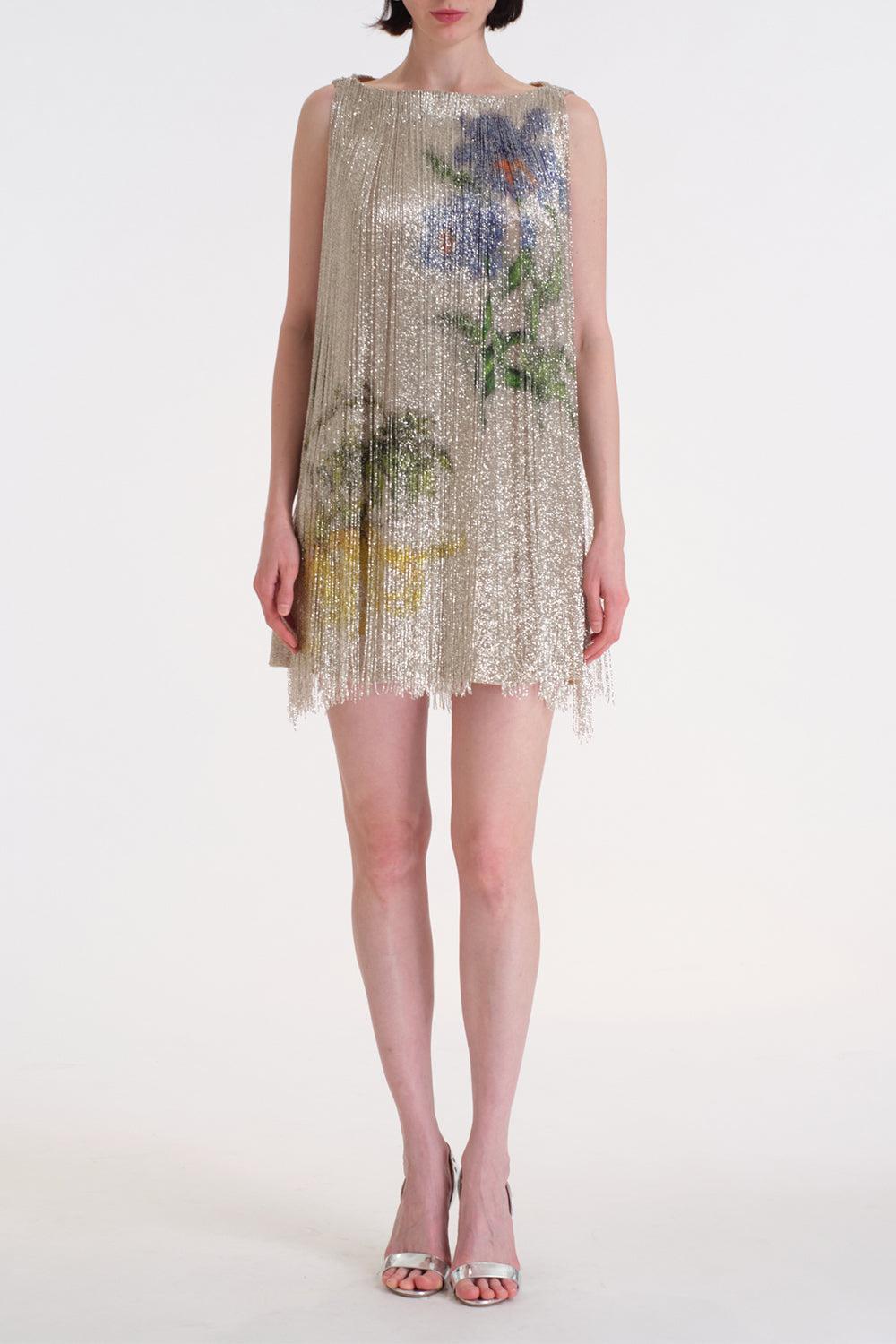 Sleeveless Multi Color Fringe Cocktail Dress-SILVER-4-CLOTHINGDRESSCOCKTAIL-OSCAR DE LA RENTA