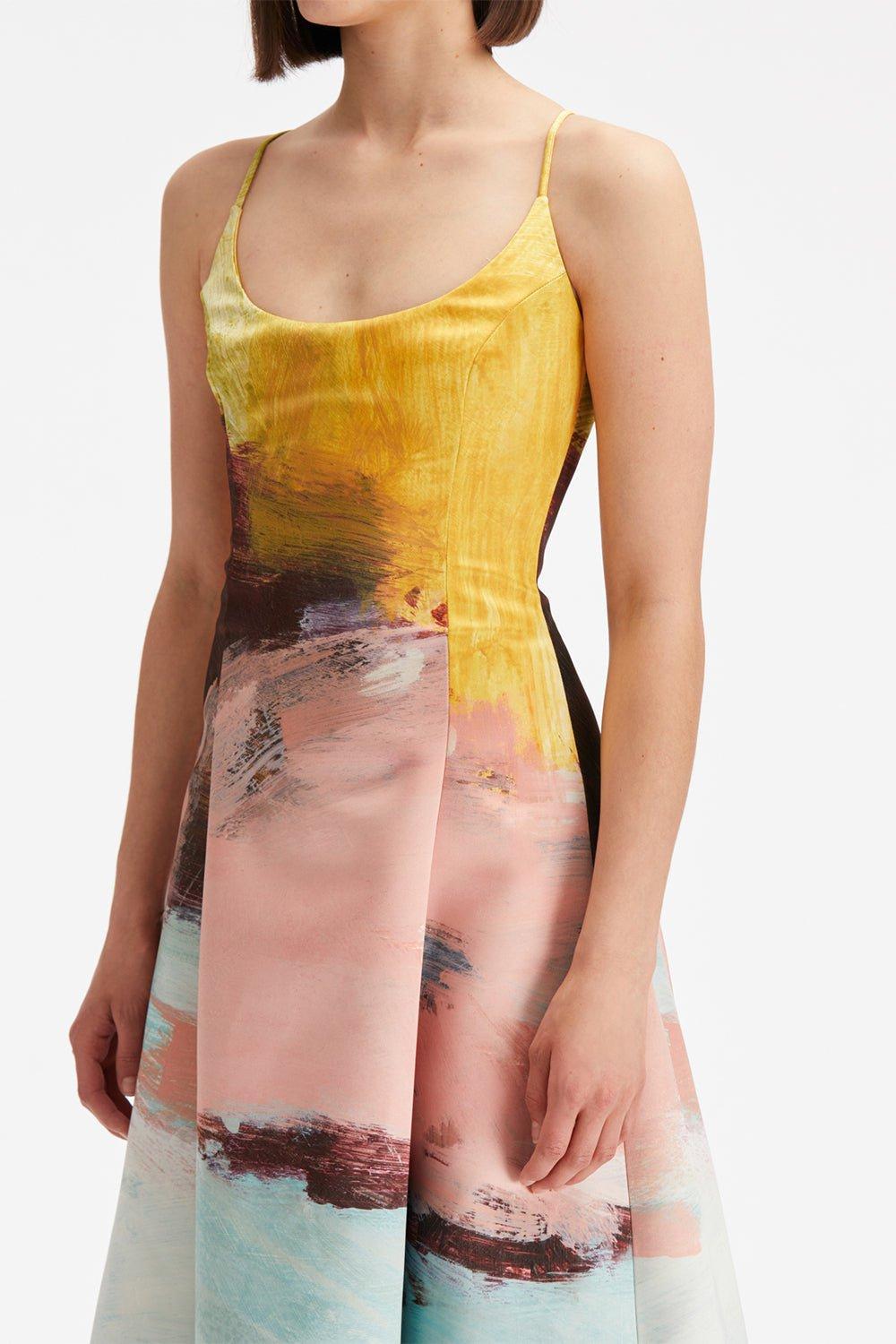 OSCAR DE LA RENTA-Ballerina Strap Abstract Gown-TEALMULT