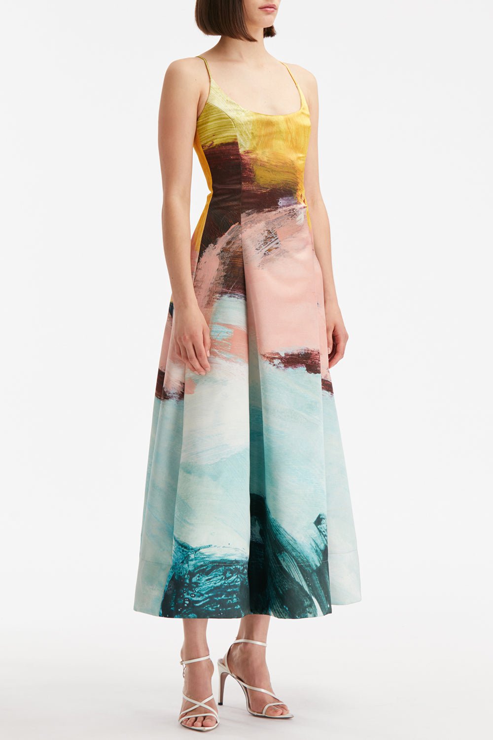 OSCAR DE LA RENTA-Ballerina Strap Abstract Gown-TEALMULT