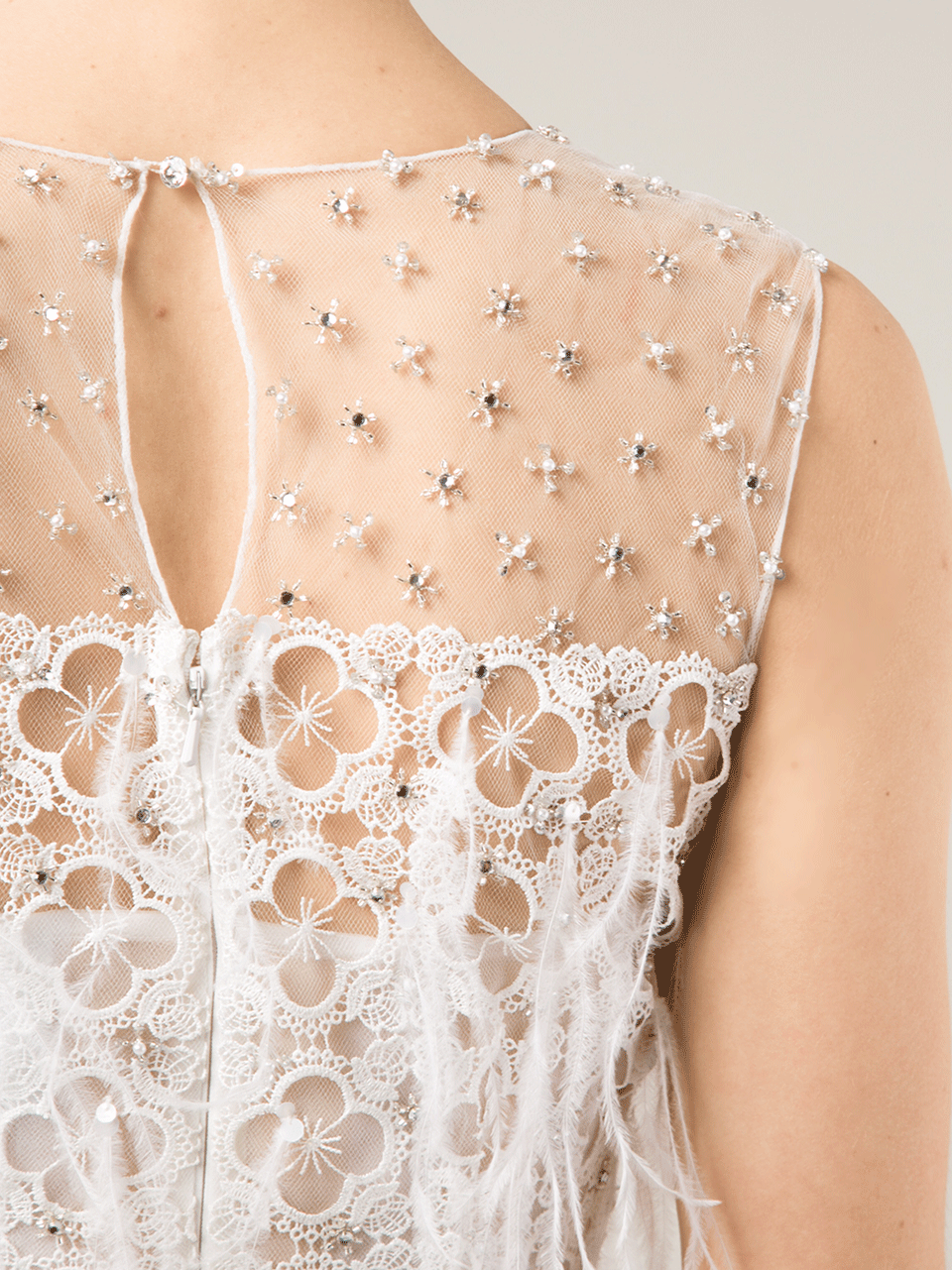 OSCAR DE LA RENTA-Clover Embroidered Feather Cocktail Dress-WHITE