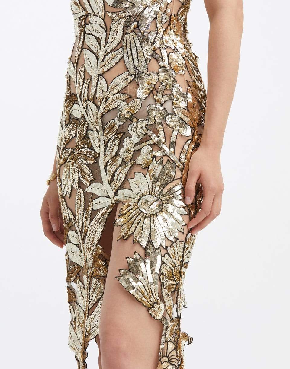 OSCAR DE LA RENTA-Sequin Floral Embroidered Dress-GOLD