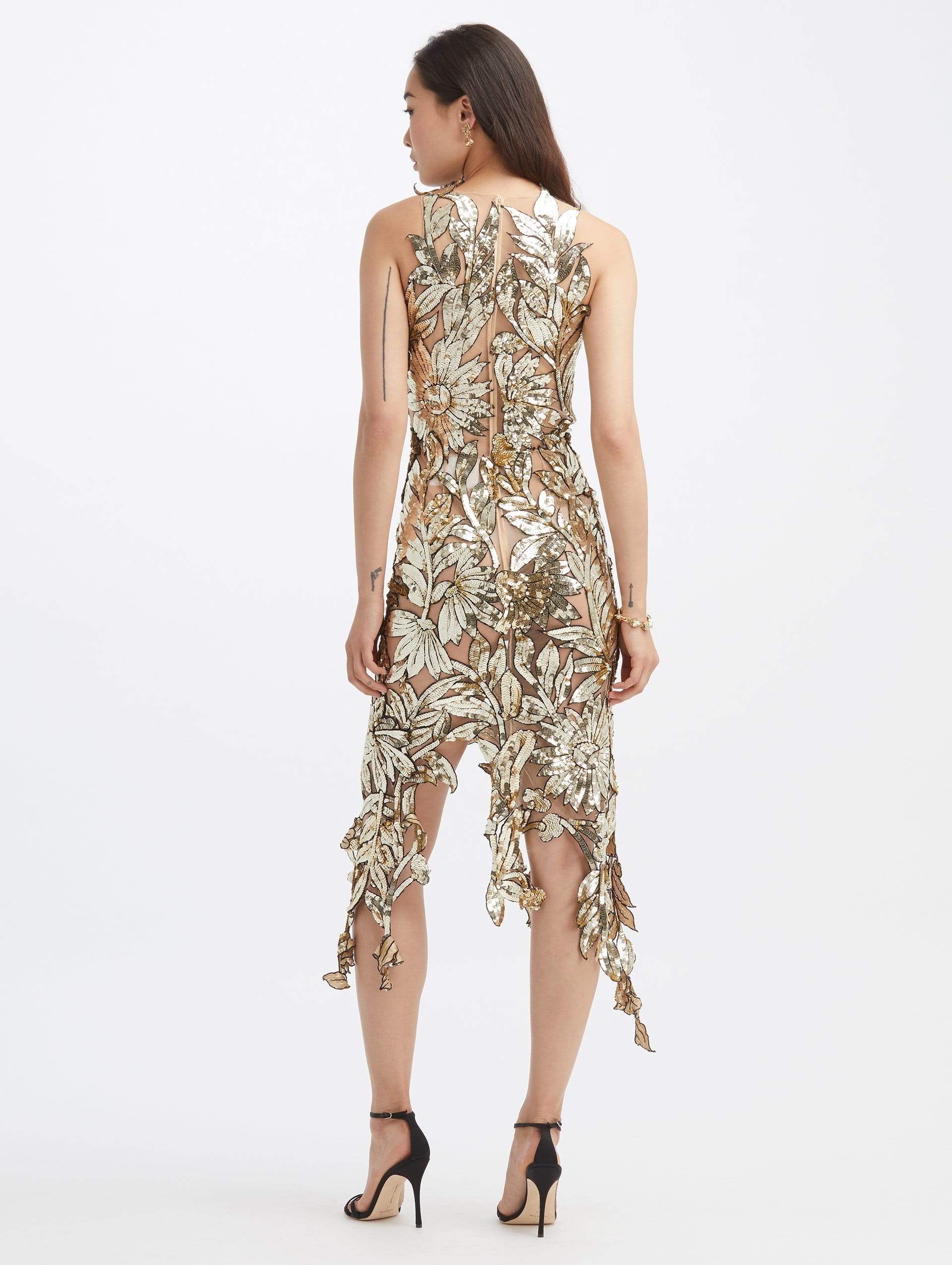 OSCAR DE LA RENTA-Sequin Floral Embroidered Dress-GOLD