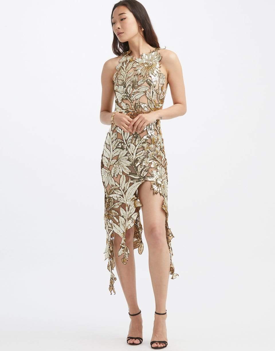 OSCAR DE LA RENTA-Sequin Floral Embroidered Dress-GOLD