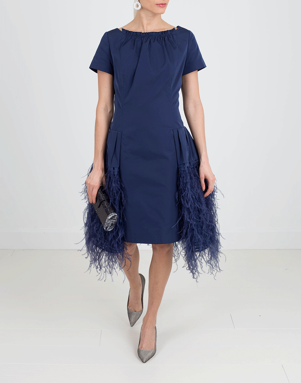 OSCAR DE LA RENTA-Feather Hem Organza Dress-MARINE