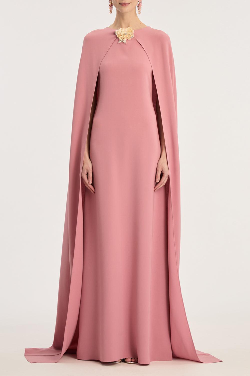 Draped Sleeve Brooch Caftan Gown-ANTIQUE ROSE-S-CLOTHINGDRESSGOWN-OSCAR DE LA RENTA