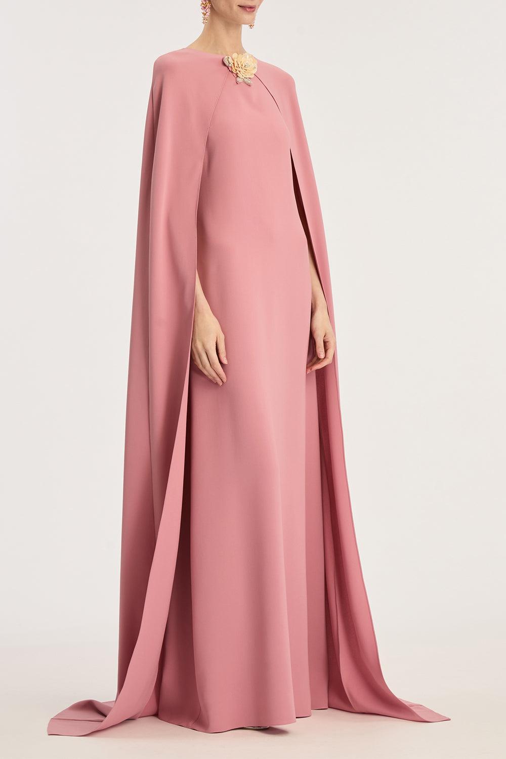 Draped Sleeve Brooch Caftan Gown-ANTIQUE ROSE-S-CLOTHINGDRESSGOWN-OSCAR DE LA RENTA