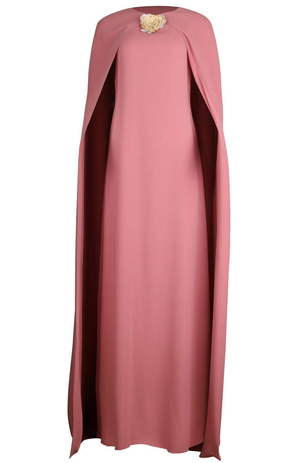 Draped Sleeve Brooch Caftan Gown-ANTIQUE ROSE-S-CLOTHINGDRESSGOWN-OSCAR DE LA RENTA
