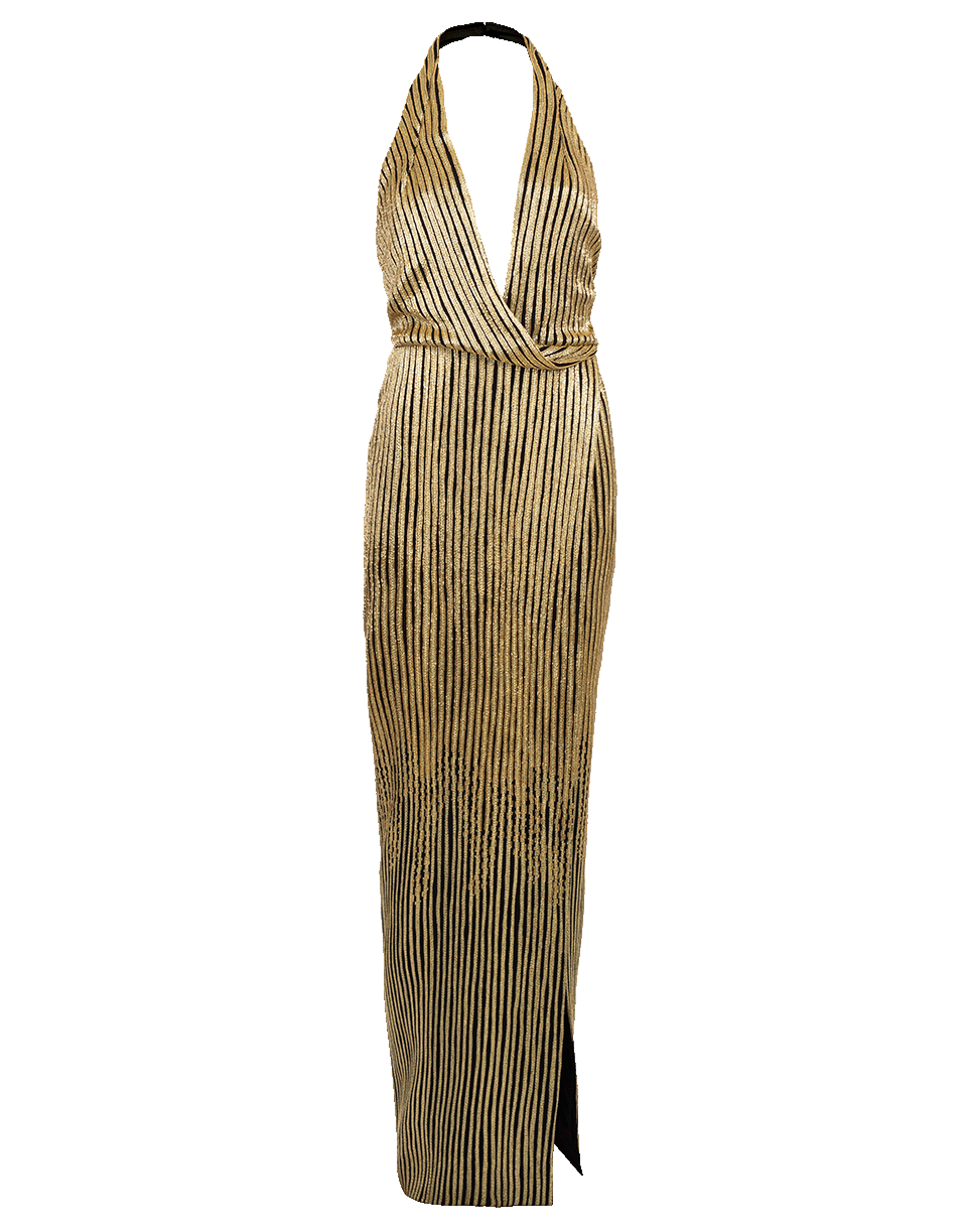 OSCAR DE LA RENTA-Gold Beaded Halter Gown-BLK/GLD