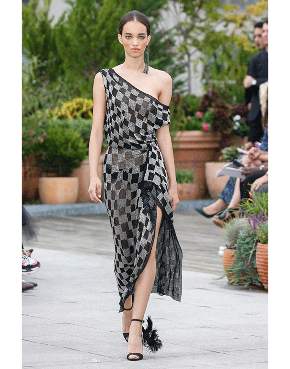 OSCAR DE LA RENTA-One Shoulder Beaded Gown-BLK/SLVR