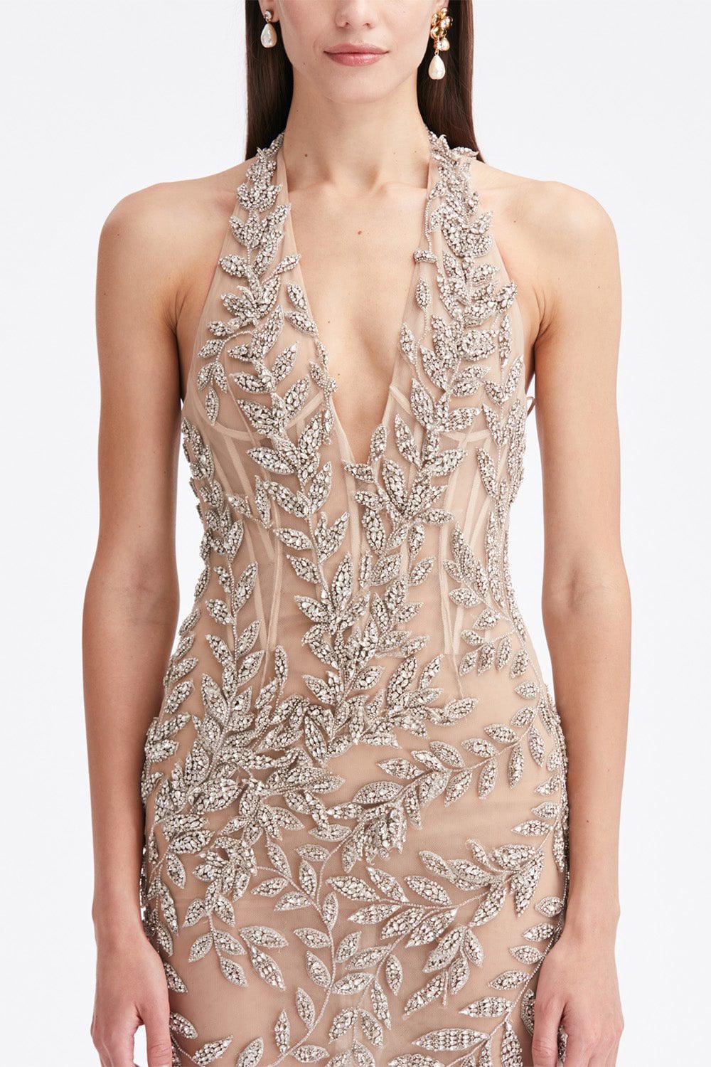 OSCAR DE LA RENTA-Crystal Leaves Embroidered Column Gown-CRYSTAL
