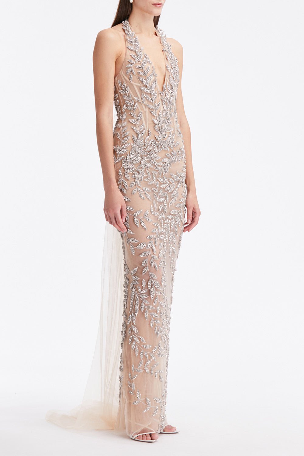 OSCAR DE LA RENTA-Crystal Leaves Embroidered Column Gown-CRYSTAL