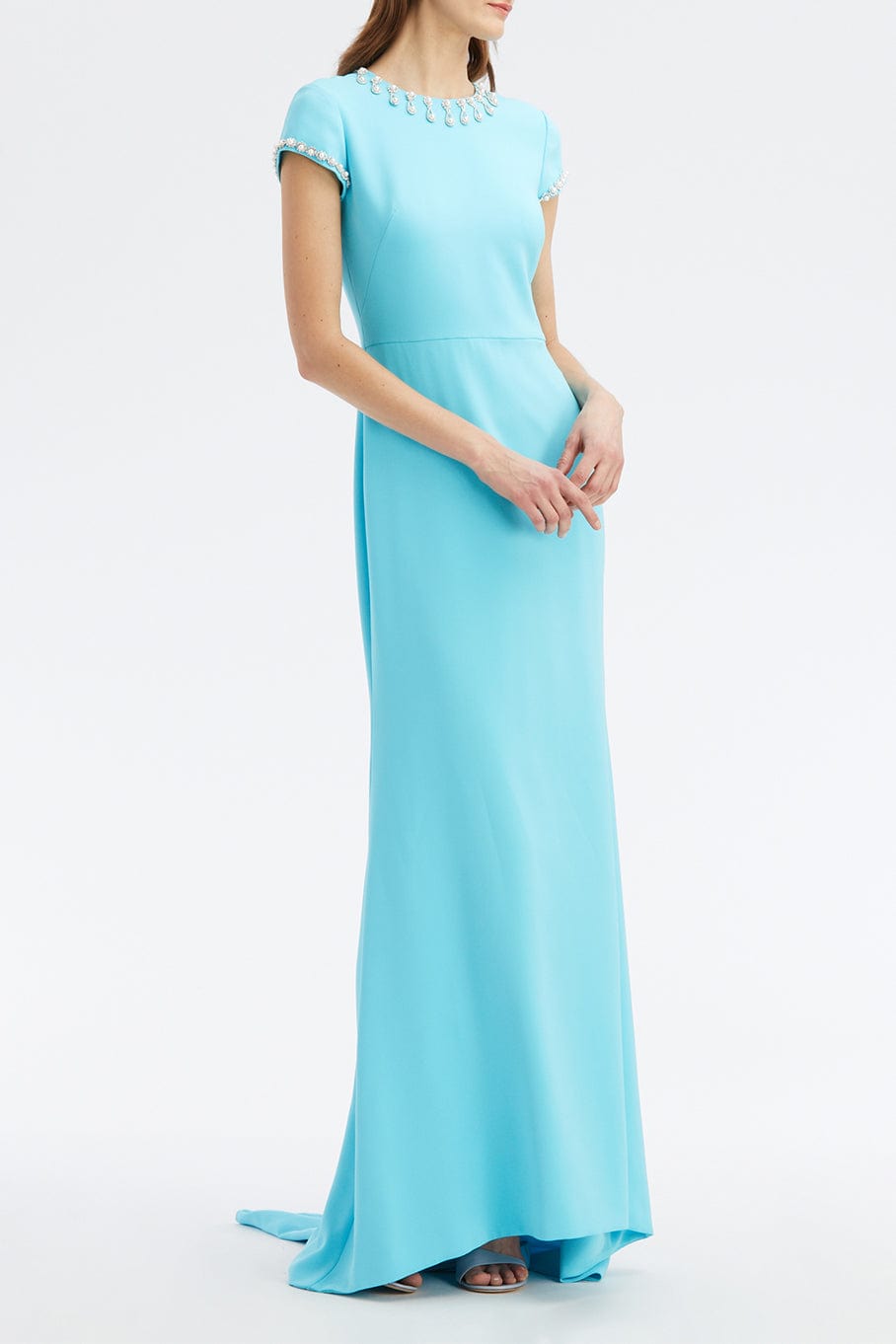 OSCAR DE LA RENTA-Cap Sleeve Pearl Drop Embroidered Gown-
