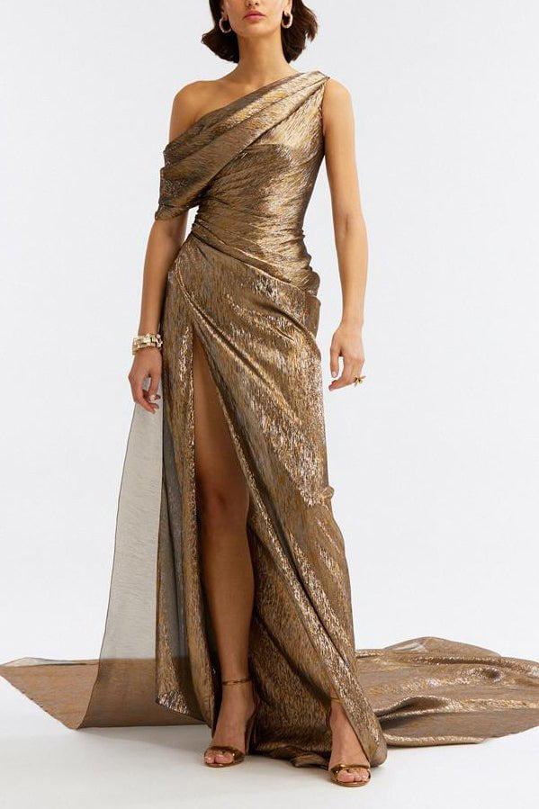 Oscar de la Renta Women's Draped Metallic Lame Mousseline Gown - Dark Gold - Size 10 Oscar de la Renta Women's Draped Metallic Lame Mousseline Gown - Dark Gold - Size 10