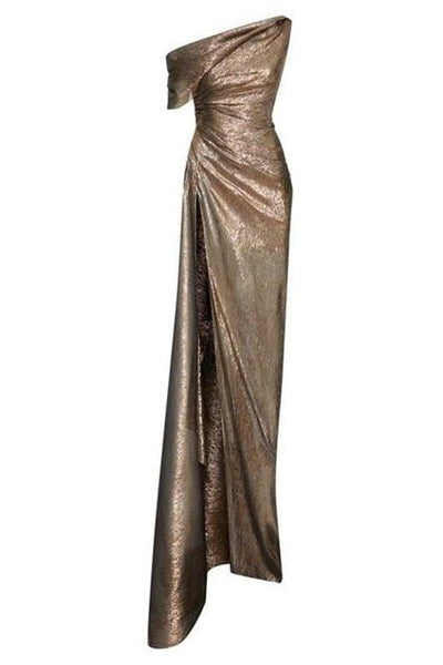 Oscar de La Renta Draped Metallic Lame Mousseline Gown Dark Gold