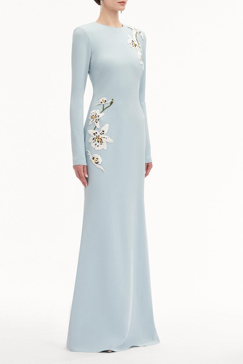 Long Sleeve Orchid Embroidered Gown-FRENCH BLUE-8-CLOTHINGDRESSGOWN-OSCAR DE LA RENTA