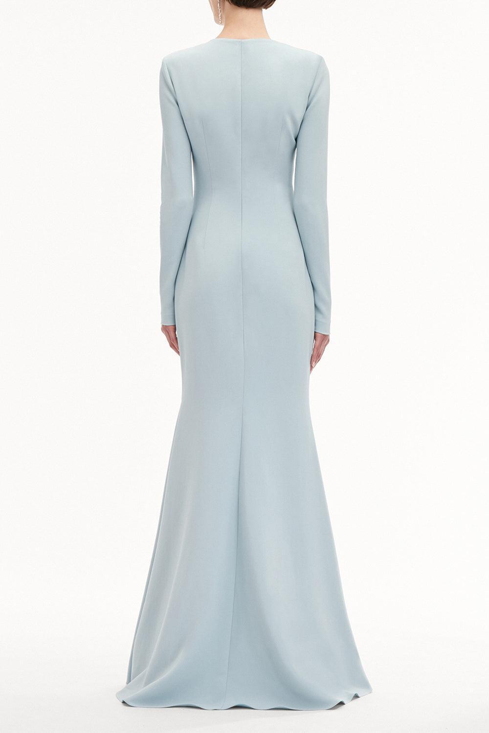 Long Sleeve Orchid Embroidered Gown-FRENCH BLUE-8-CLOTHINGDRESSGOWN-OSCAR DE LA RENTA
